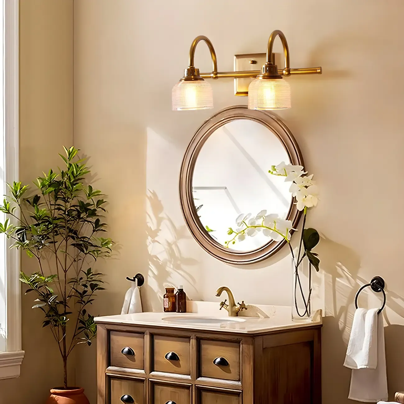 Glam Brass Vanity Lights with Prismatic Glass Shade for Bathroom Image - 2