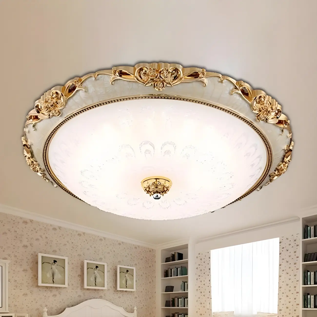 White Glass Round Classic Golden Flush Ceiling Light Image - 1 | homeyfad