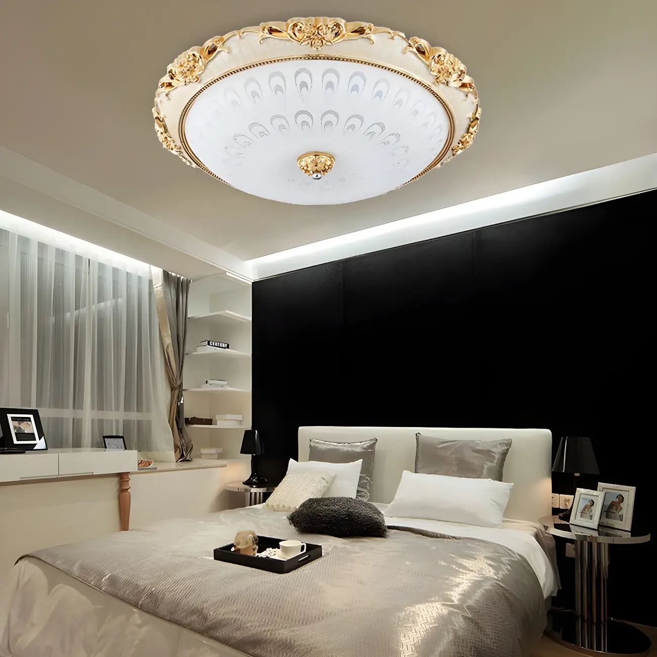 White Glass Round Classic Golden Flush Ceiling Light Image - 2 | homeyfad