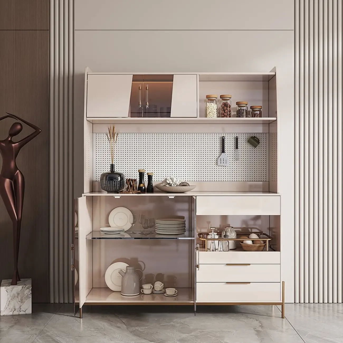 Luxury MDF Pegboard Back Gold Accents Storage Sideboard Image - 5