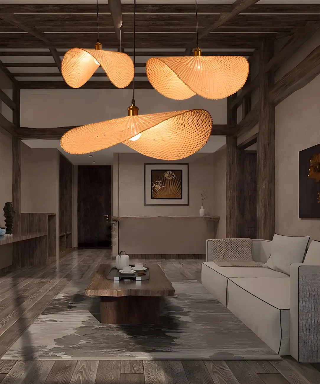 Bamboo Oriental Pendant Light Hanging Fixture for Indoor Image - 15