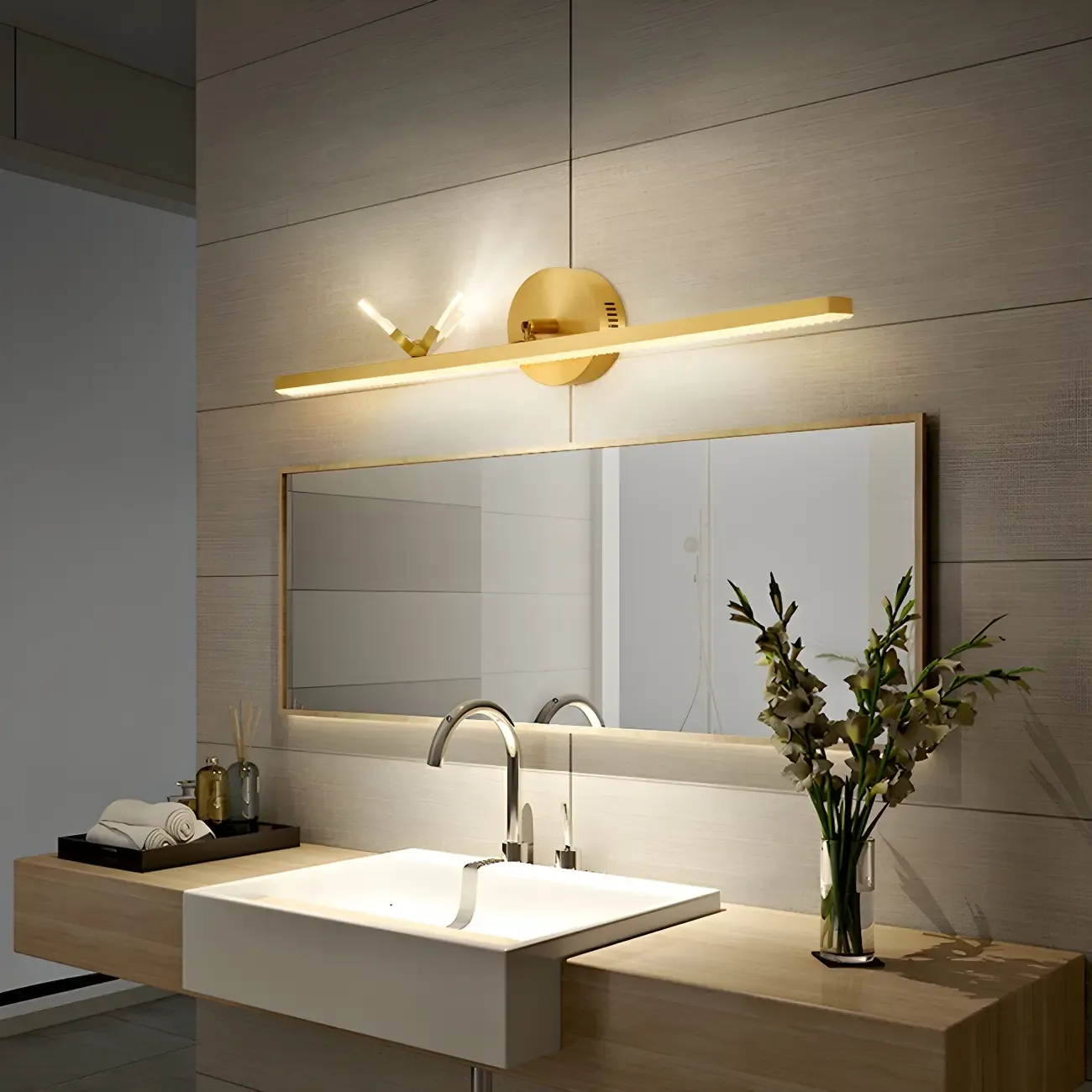 Elegant Linear LED Vanity Light with Gold Accent for Bathroom Image - 1