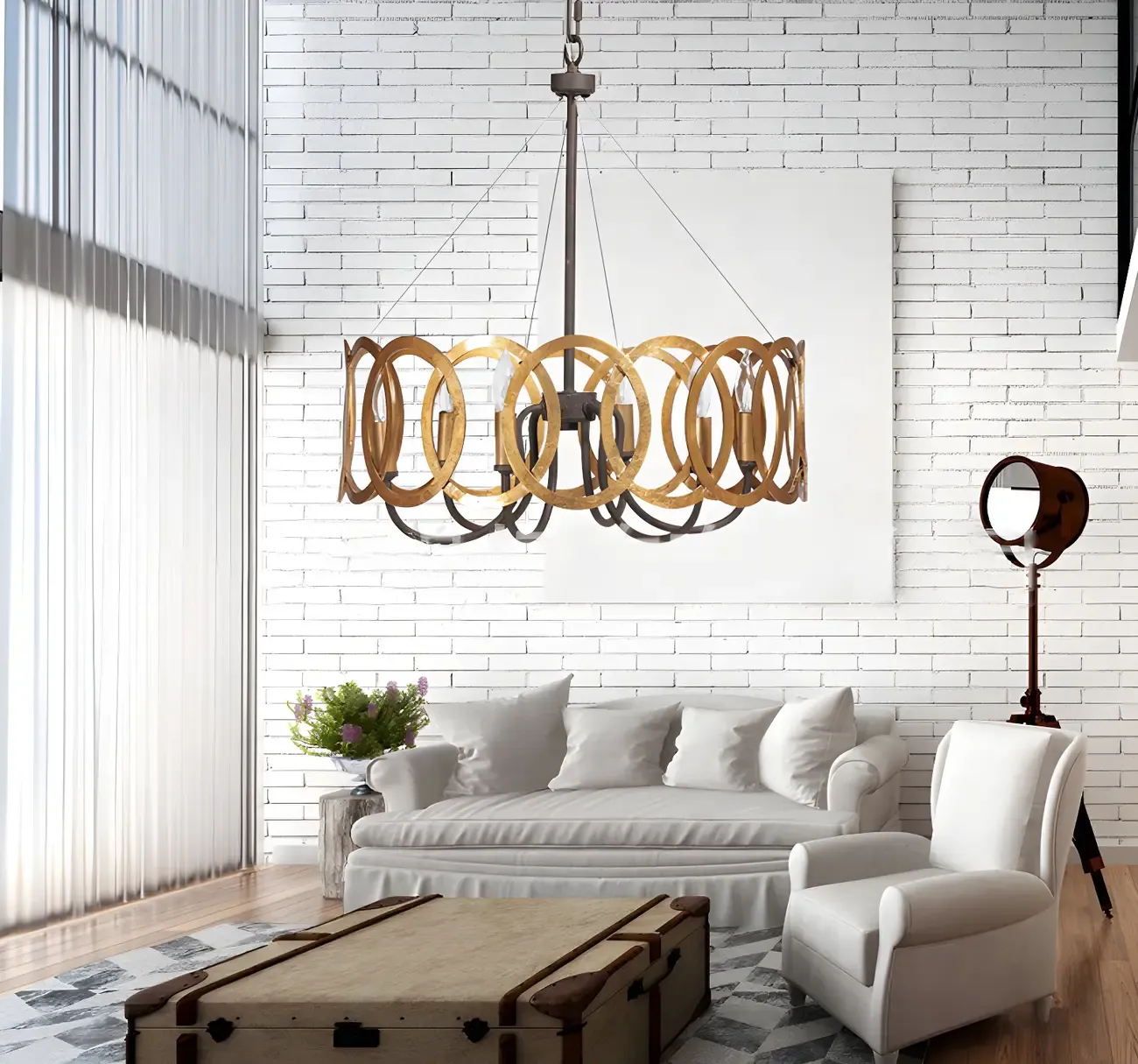 Industrial Rust Style Gold Circular Metal Ring Hoop Chandelier - HomeyFad