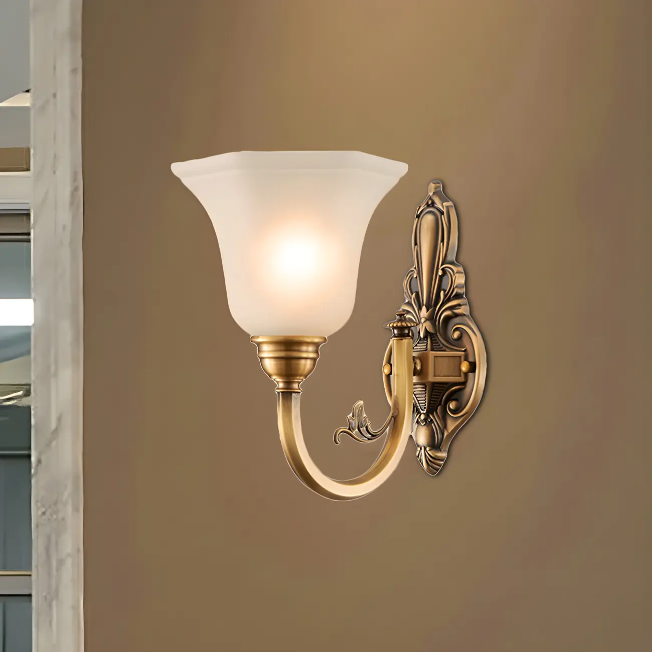 Colonial Brass Up Wall Sconce with Glass Shade for Hallway | homeyfad