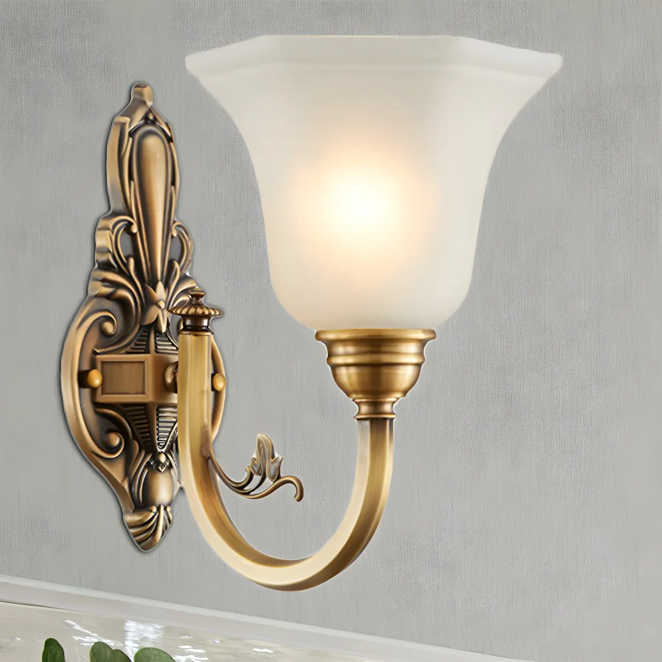 Colonial Brass Up Wall Sconce with Glass Shade for Hallway | homeyfad