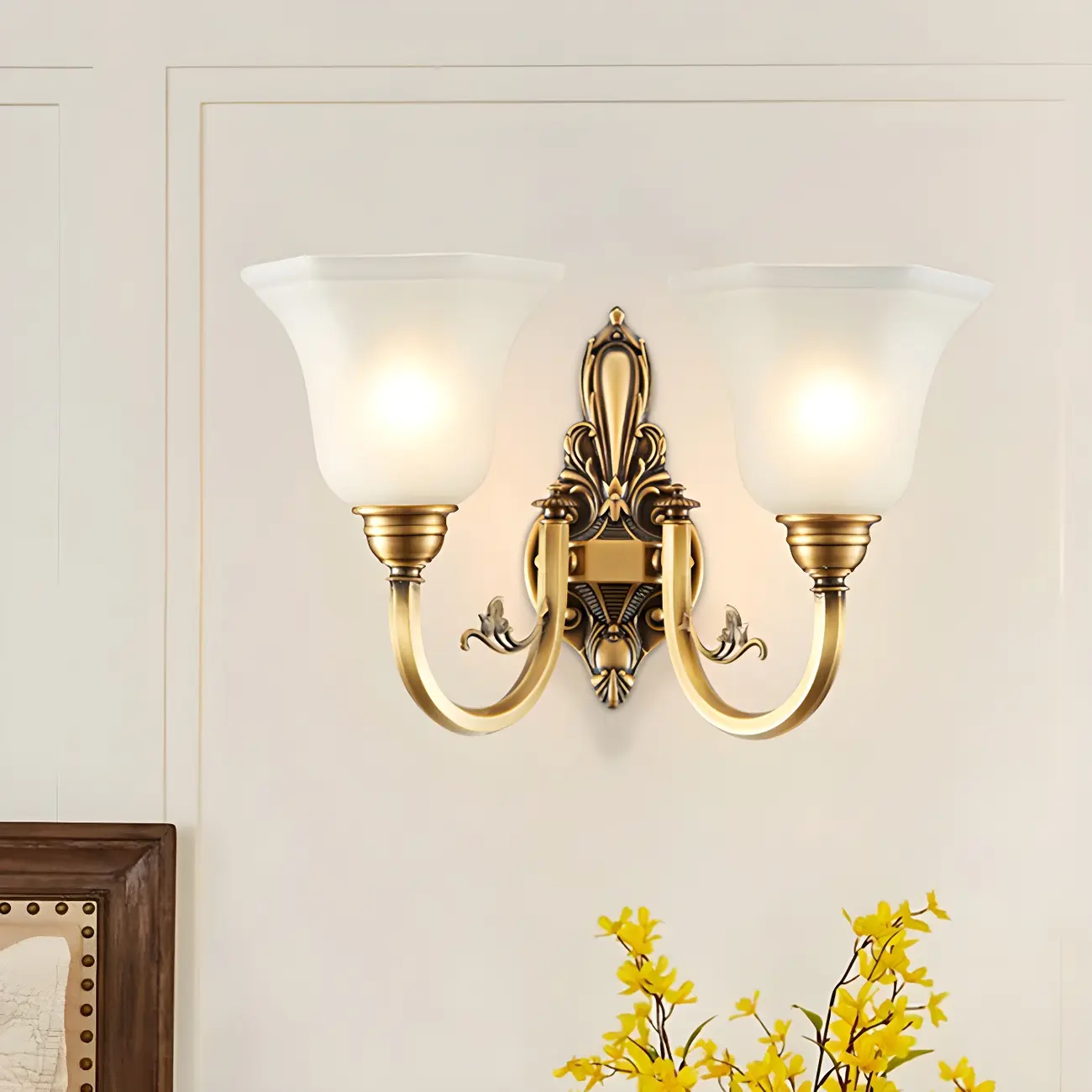 Colonial Brass Up Wall Sconce with Glass Shade for Hallway | homeyfad