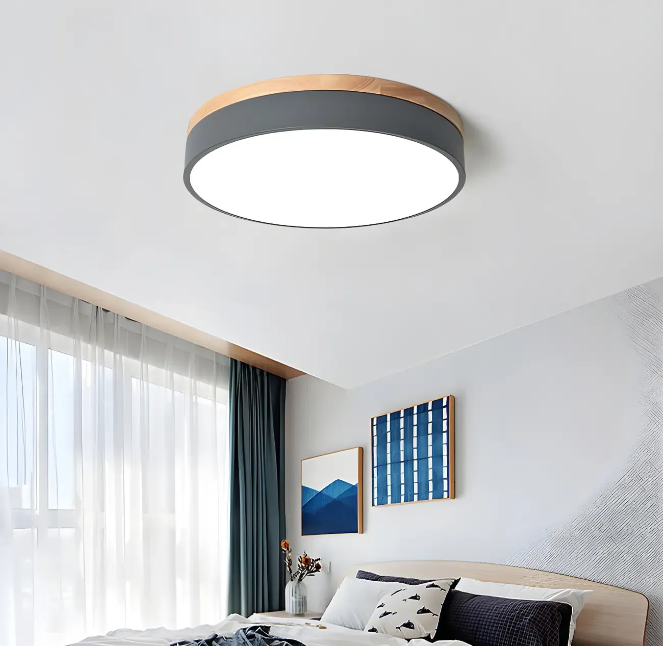 Modern LED Flush Ceiling Light with Wood for Bedroom Image - 3