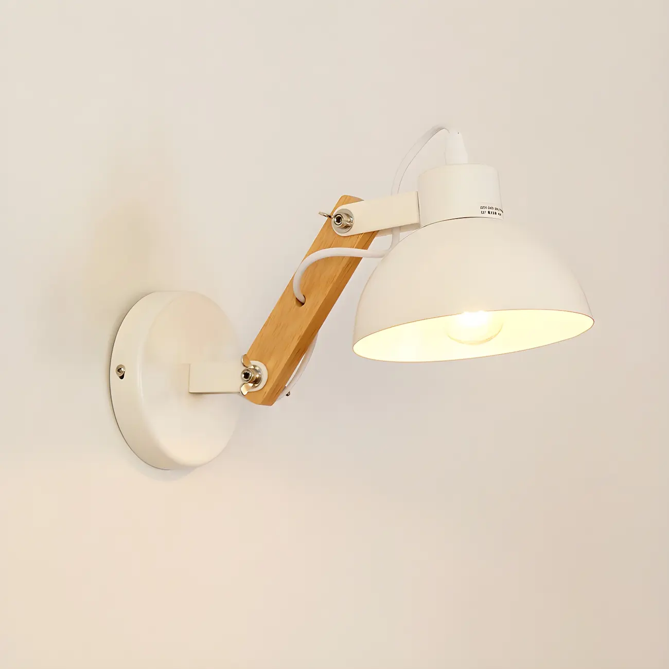 Stylish Natural Wood and White Metal Swing Arm Wall Light Image - 1 | homeyfad