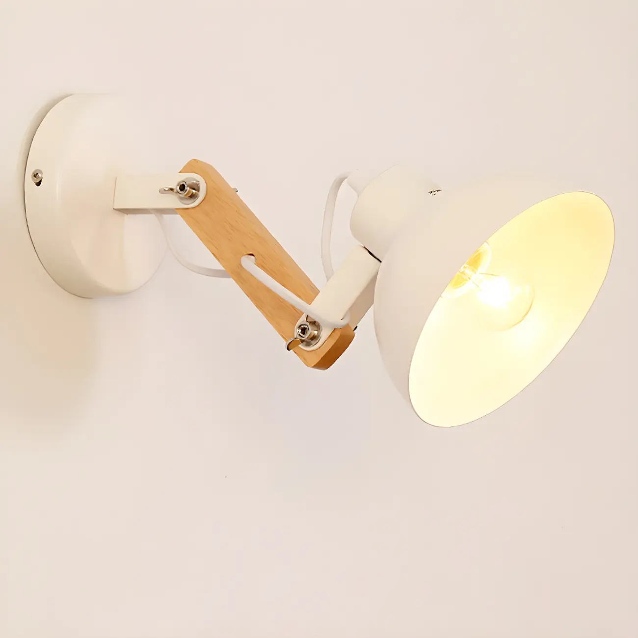 Stylish Natural Wood and White Metal Swing Arm Wall Light Image - 2 | homeyfad