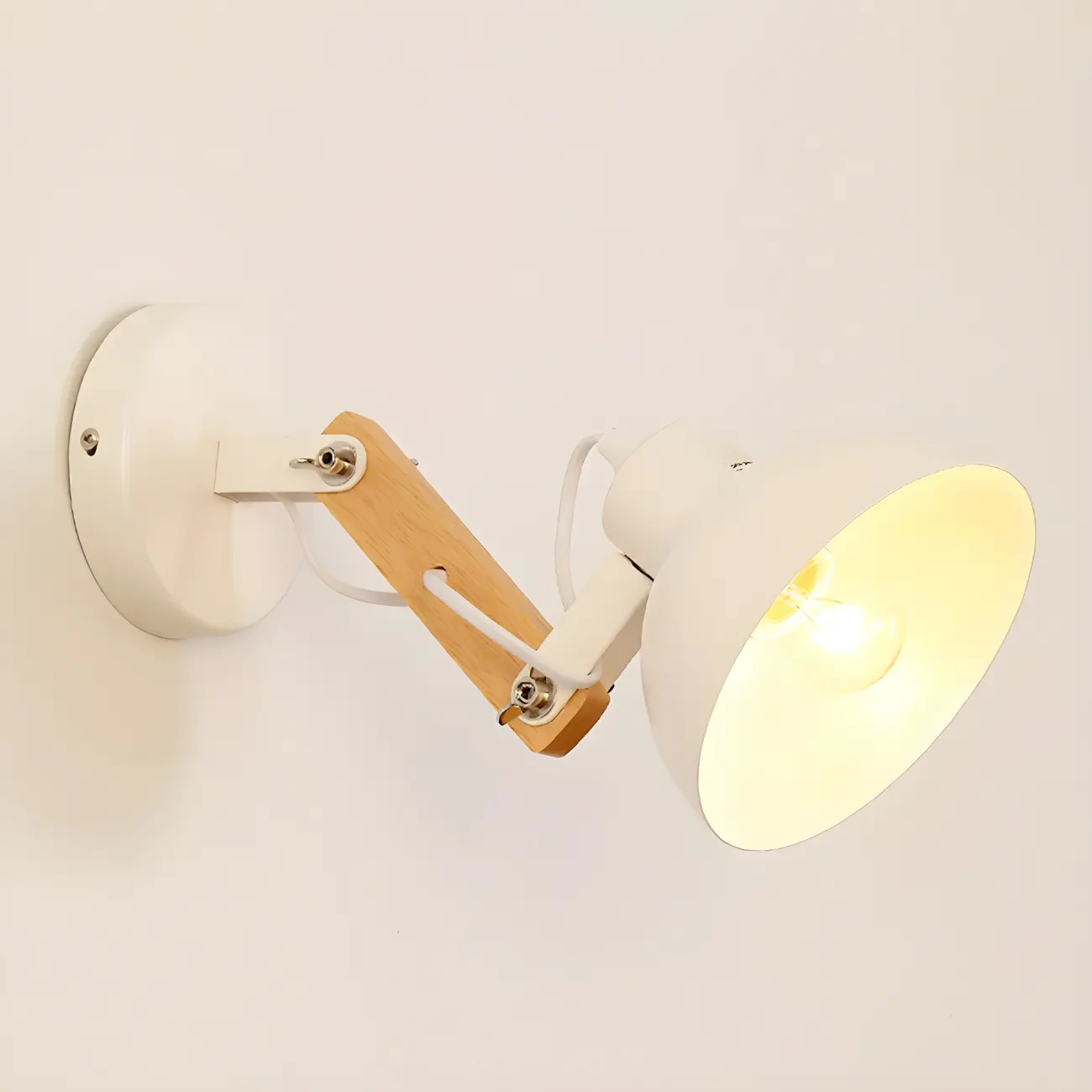 Stylish Natural Wood and White Metal Swing Arm Wall Light Image - 11 | homeyfad