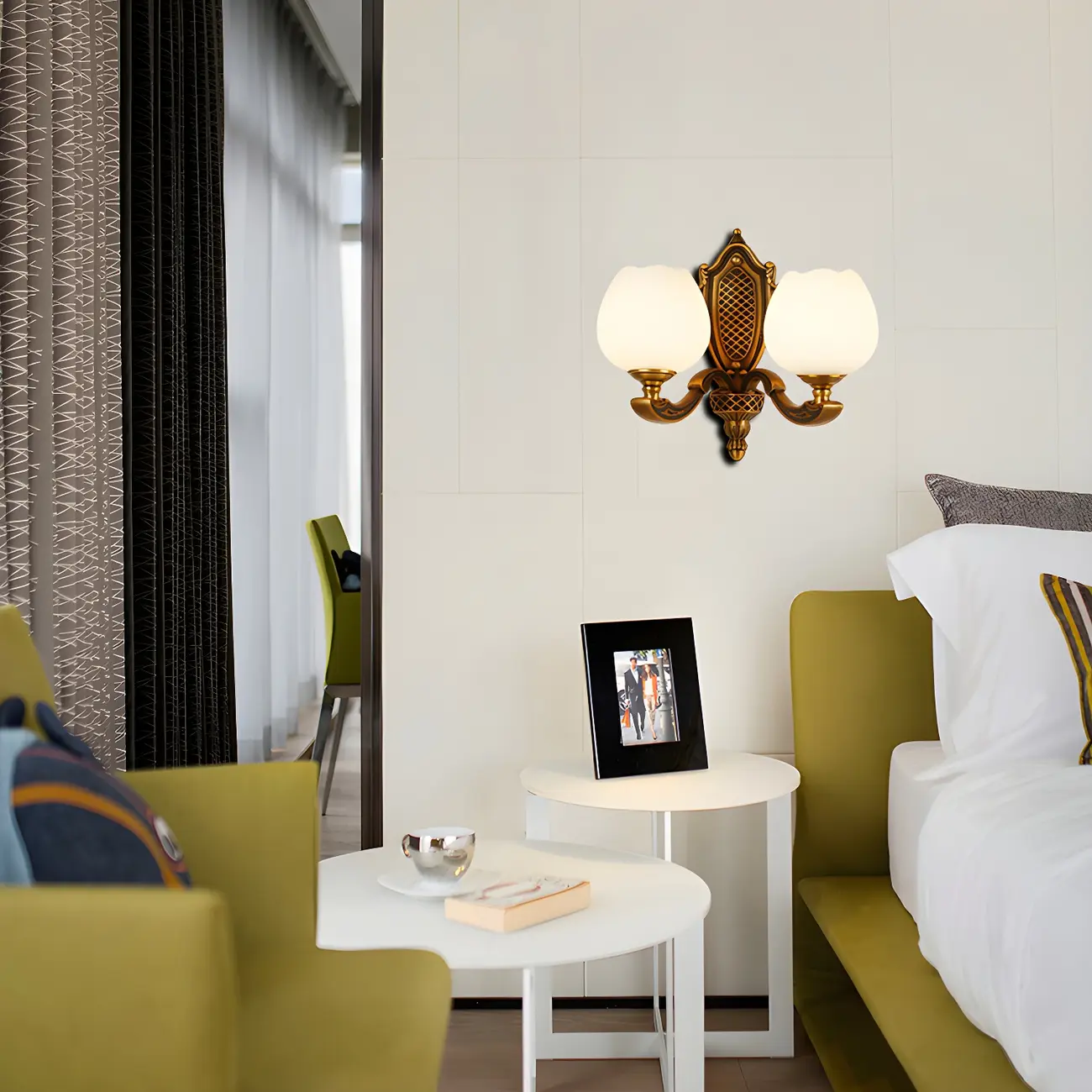 Vintage Brass Wall Light with White Glass for Bedroom Image - 9 | homeyfad