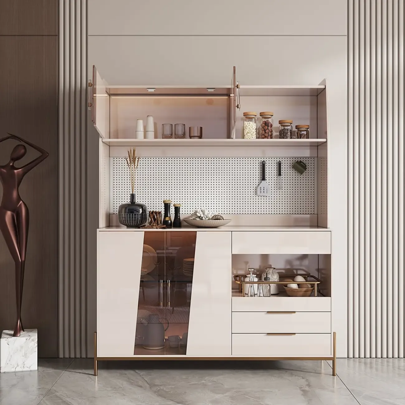 Luxury MDF Pegboard Back Gold Accents Storage Sideboard Image - 4