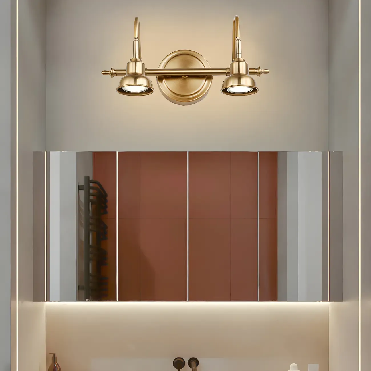 Minimalist Brass LED Vanity Light with Subdued Light for Bathroom Image - 4