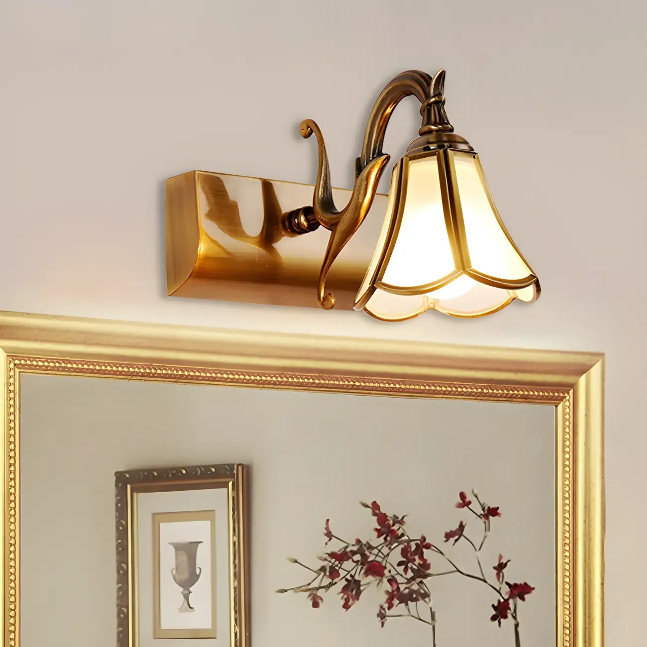 Traditional Brass Vanity Light with Bloom Shape for Bathroom Image - 5