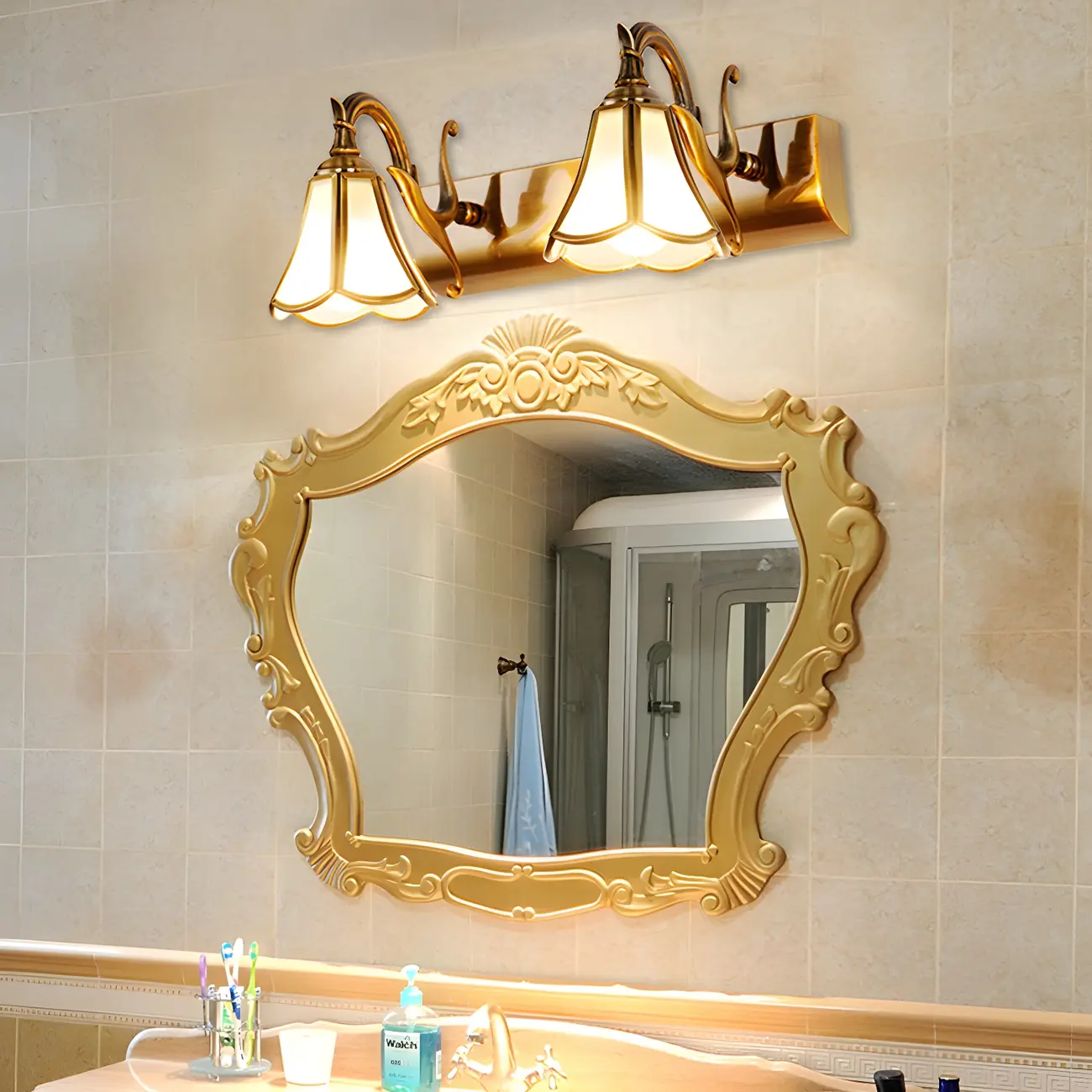 Traditional Brass Vanity Light with Bloom Shape for Bathroom Image - 3 | homeyfad