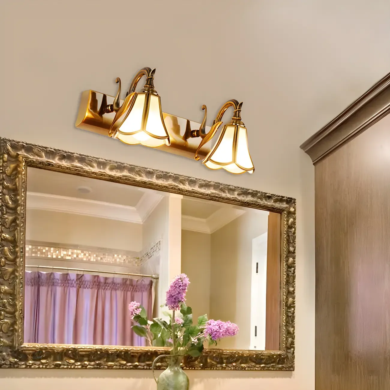 Traditional Brass Vanity Light with Bloom Shape for Bathroom Image - 9