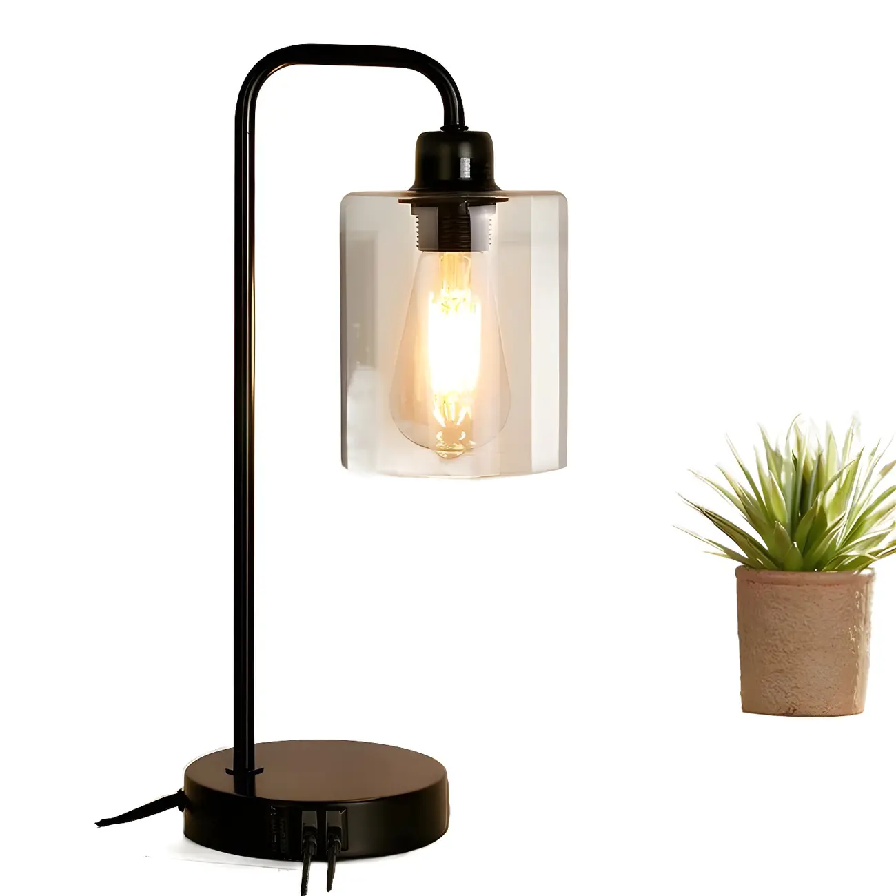 Simple Black Metal Glass Barrel Table Lamp with Touch Switch Image - 7 | homeyfad