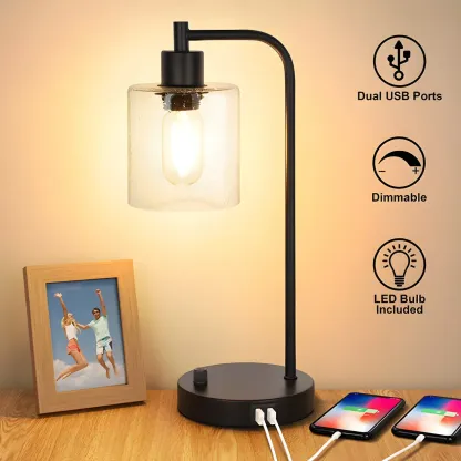 Simple Black Metal Glass Barrel Table Lamp with Touch Switch Image - 2