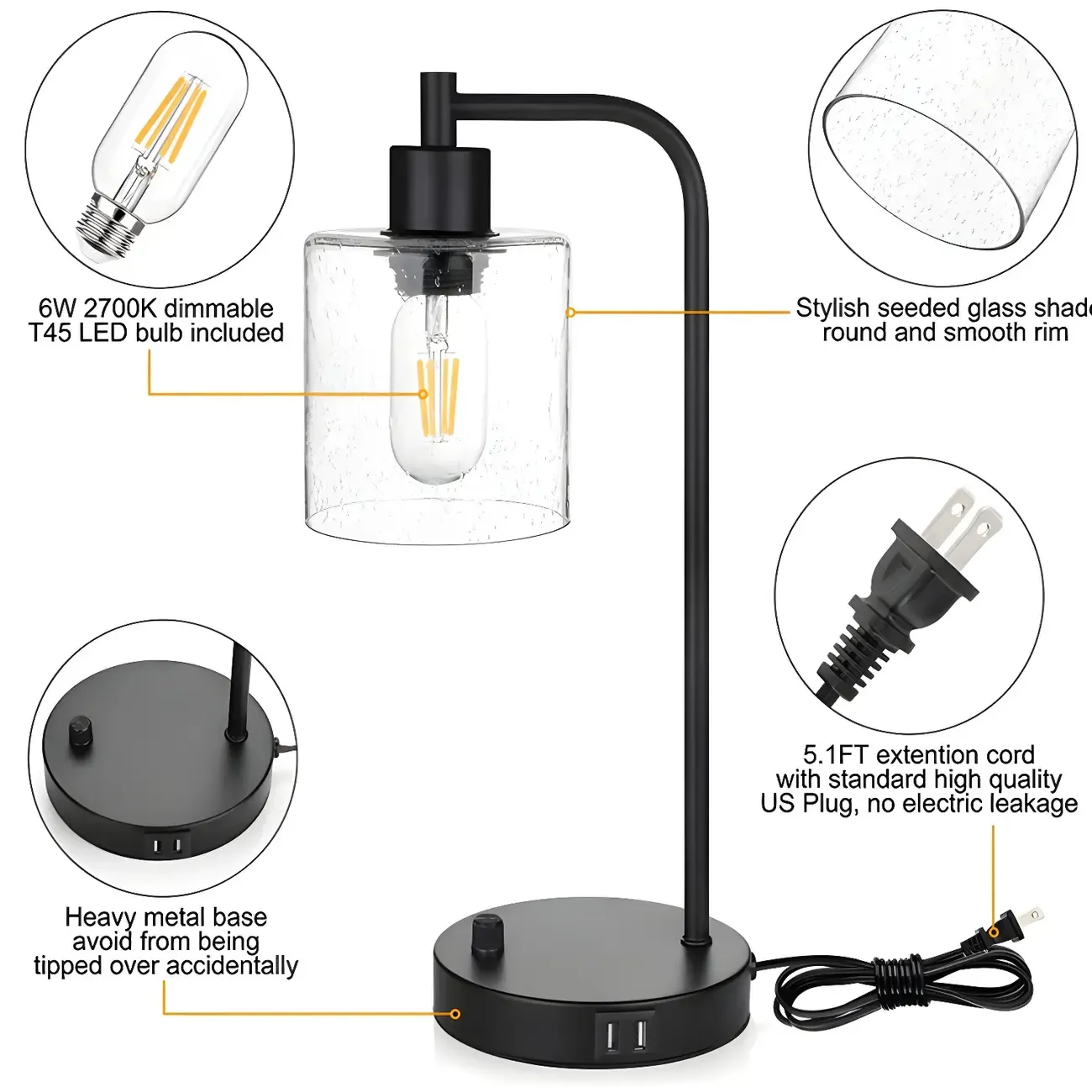 Simple Black Metal Glass Barrel Table Lamp with Touch Switch Image - 9