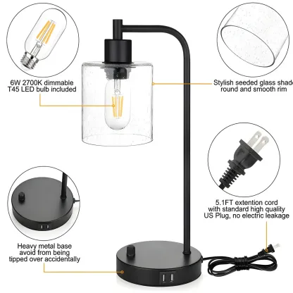 Simple Black Metal Glass Barrel Table Lamp with Touch Switch Image - 9