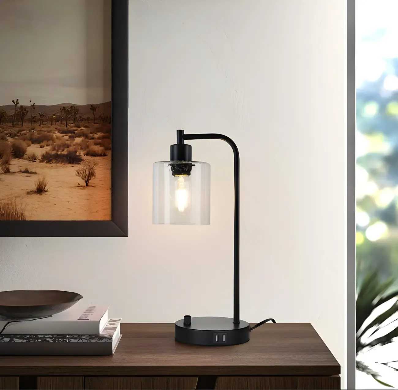 Simple Black Metal Glass Barrel Table Lamp with Touch Switch Image - 11