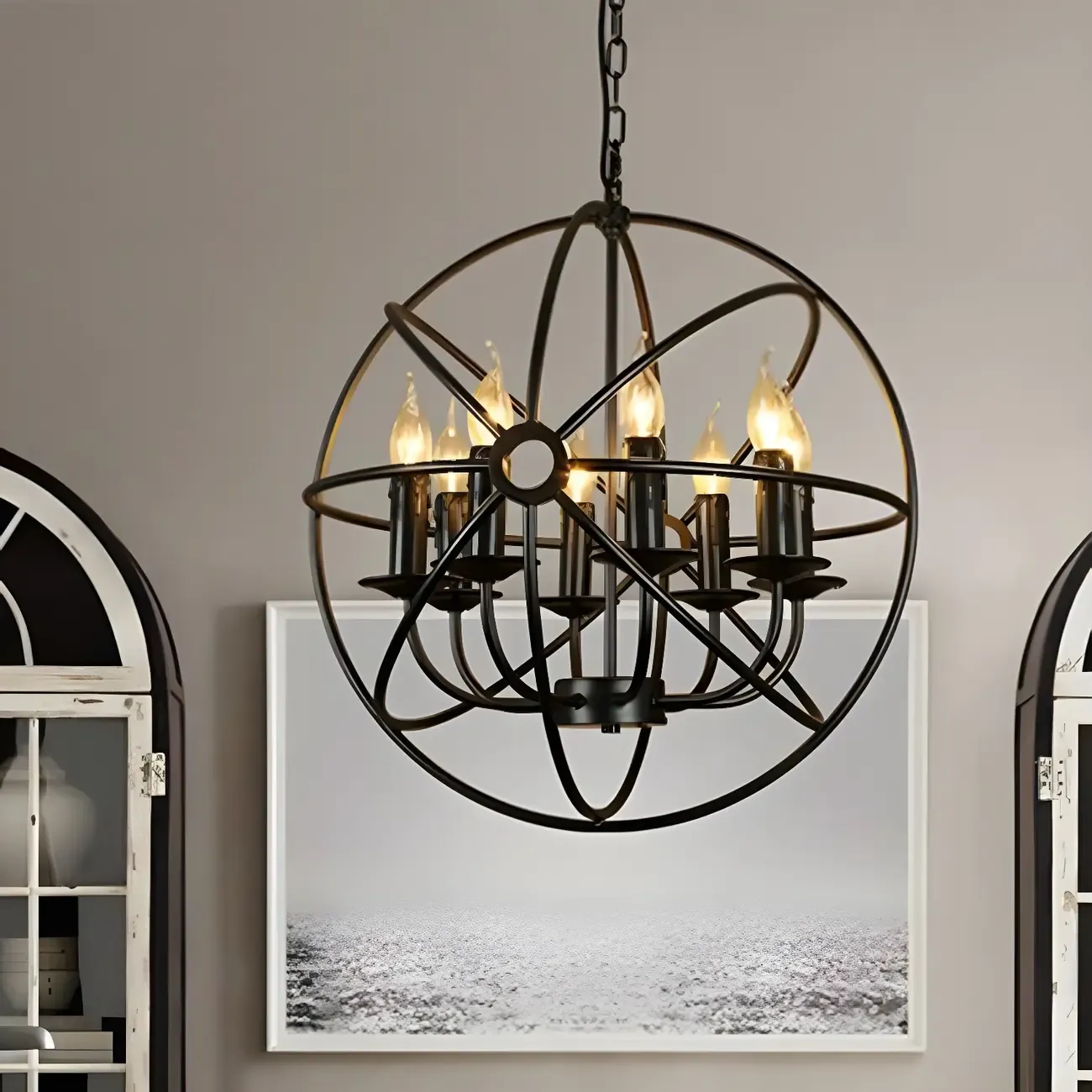 Industrial Metal Black Globe Caged Candelabra Chandelier Image - 4