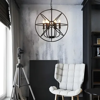 Industrial Metal Black Globe Caged Candelabra Chandelier Image - 5