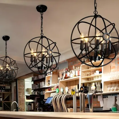 Industrial Metal Black Globe Caged Candelabra Chandelier Image - 1