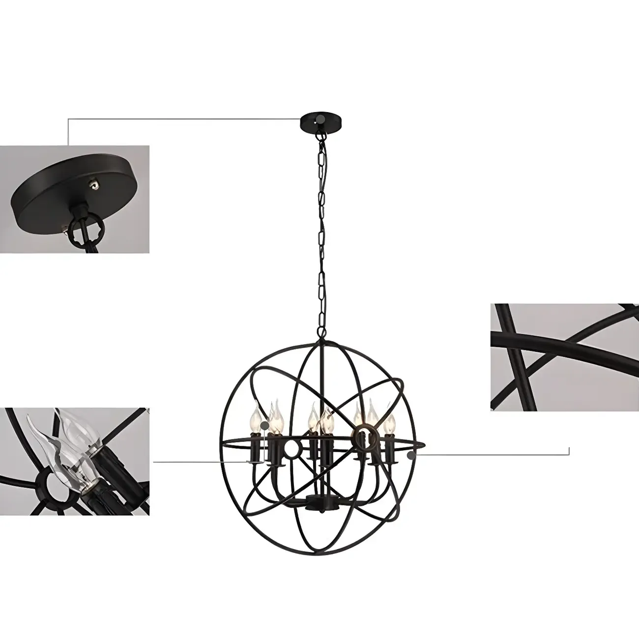 Industrial Metal Black Globe Caged Candelabra Chandelier Image - 10
