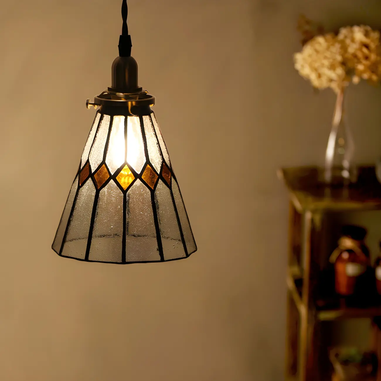 Vintage Stained Glass Brass Cone-Shaped Pendant Light Image - 1 | homeyfad