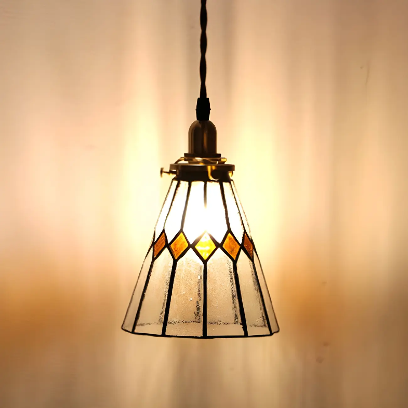 Vintage Stained Glass Brass Cone-Shaped Pendant Light Image - 2 | homeyfad