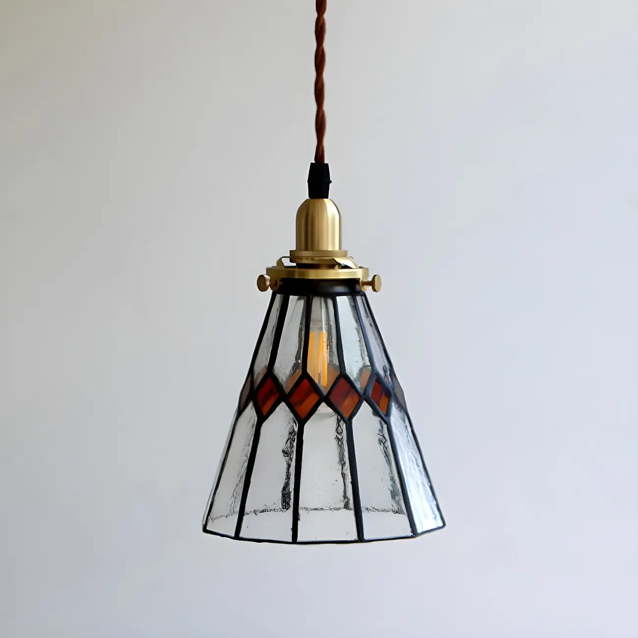 Vintage Stained Glass Brass Cone-Shaped Pendant Light Image - 3 | homeyfad