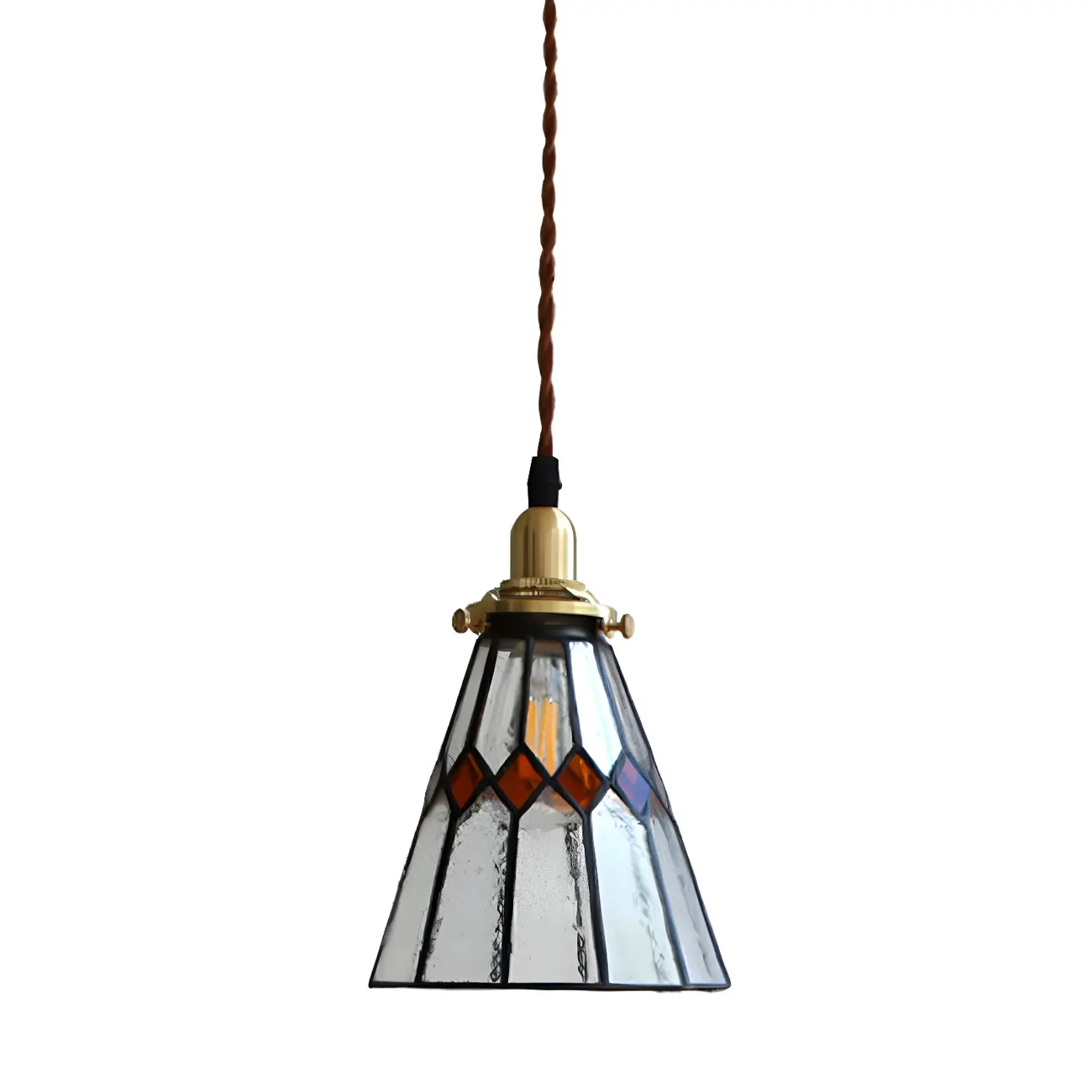 Vintage Stained Glass Brass Cone-Shaped Pendant Light Image - 5 | homeyfad