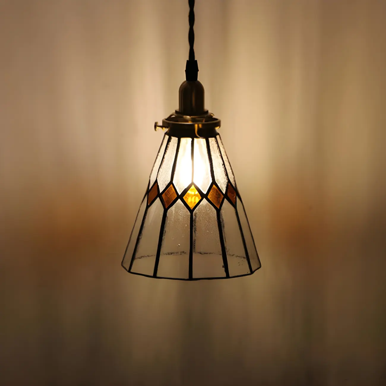 Vintage Stained Glass Brass Cone-Shaped Pendant Light Image - 7 | homeyfad