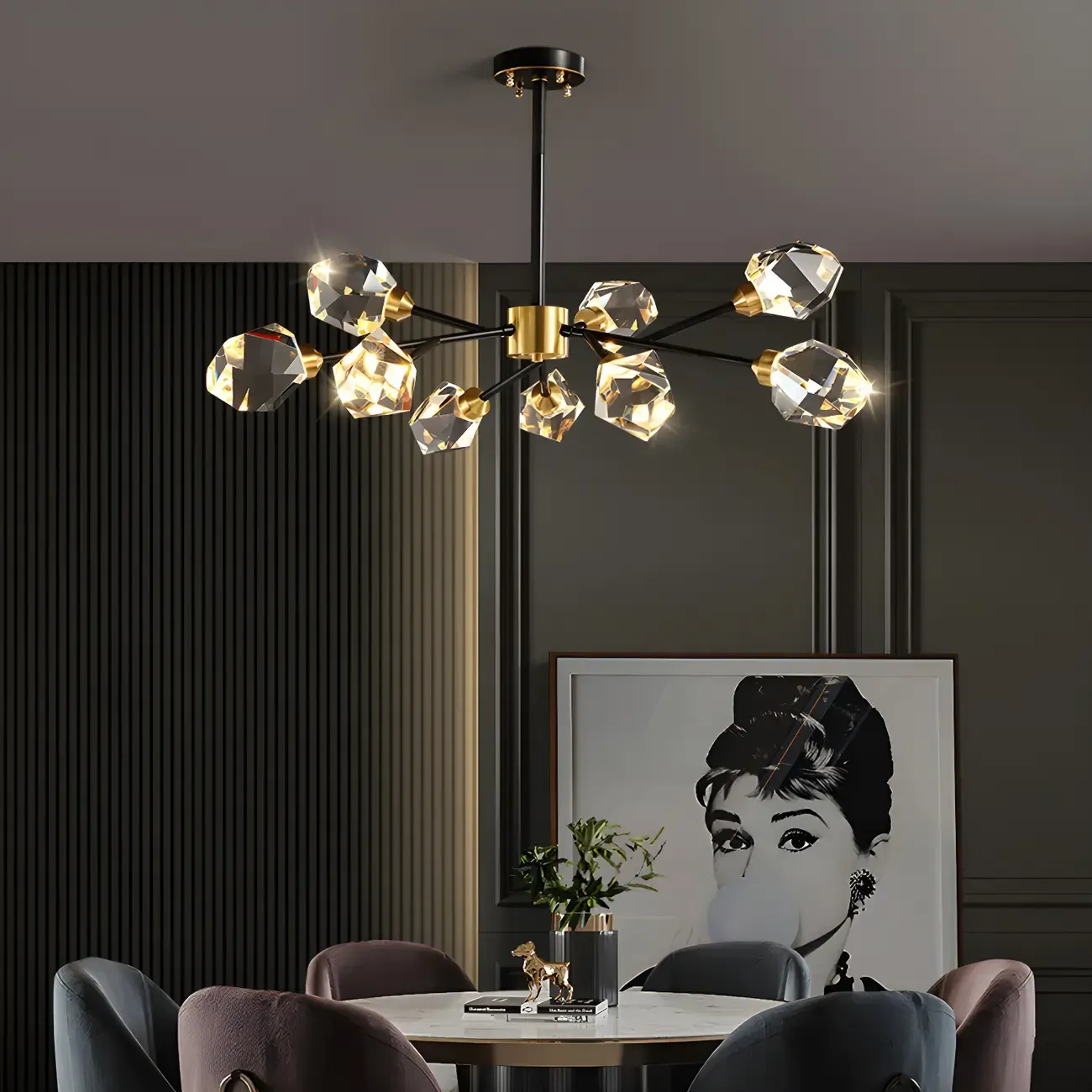Modern Crystal Brass Sputnik Pendant Light in Black-Gold Image - 1