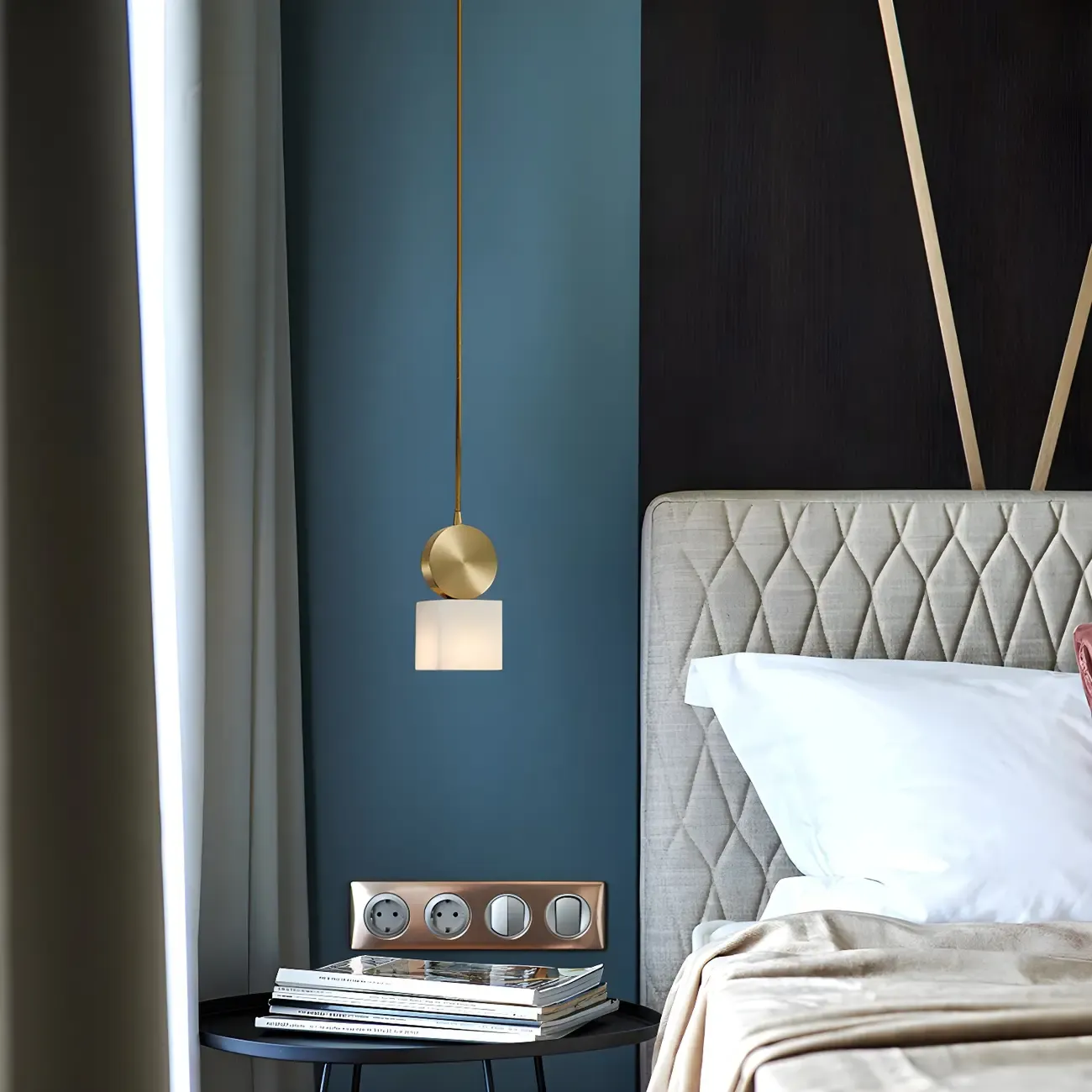 Contemporary Cylinder Stone Brass Pendant Light Image - 2