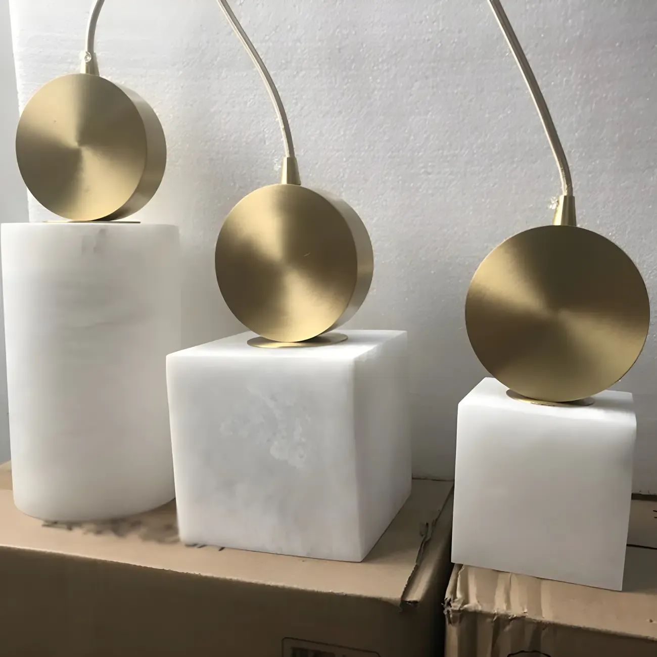 Contemporary Cylinder Stone Brass Pendant Light Image - 5
