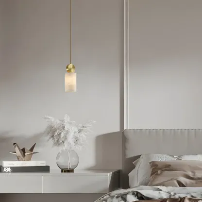 Contemporary Cylinder Stone Brass Pendant Light Image - 3