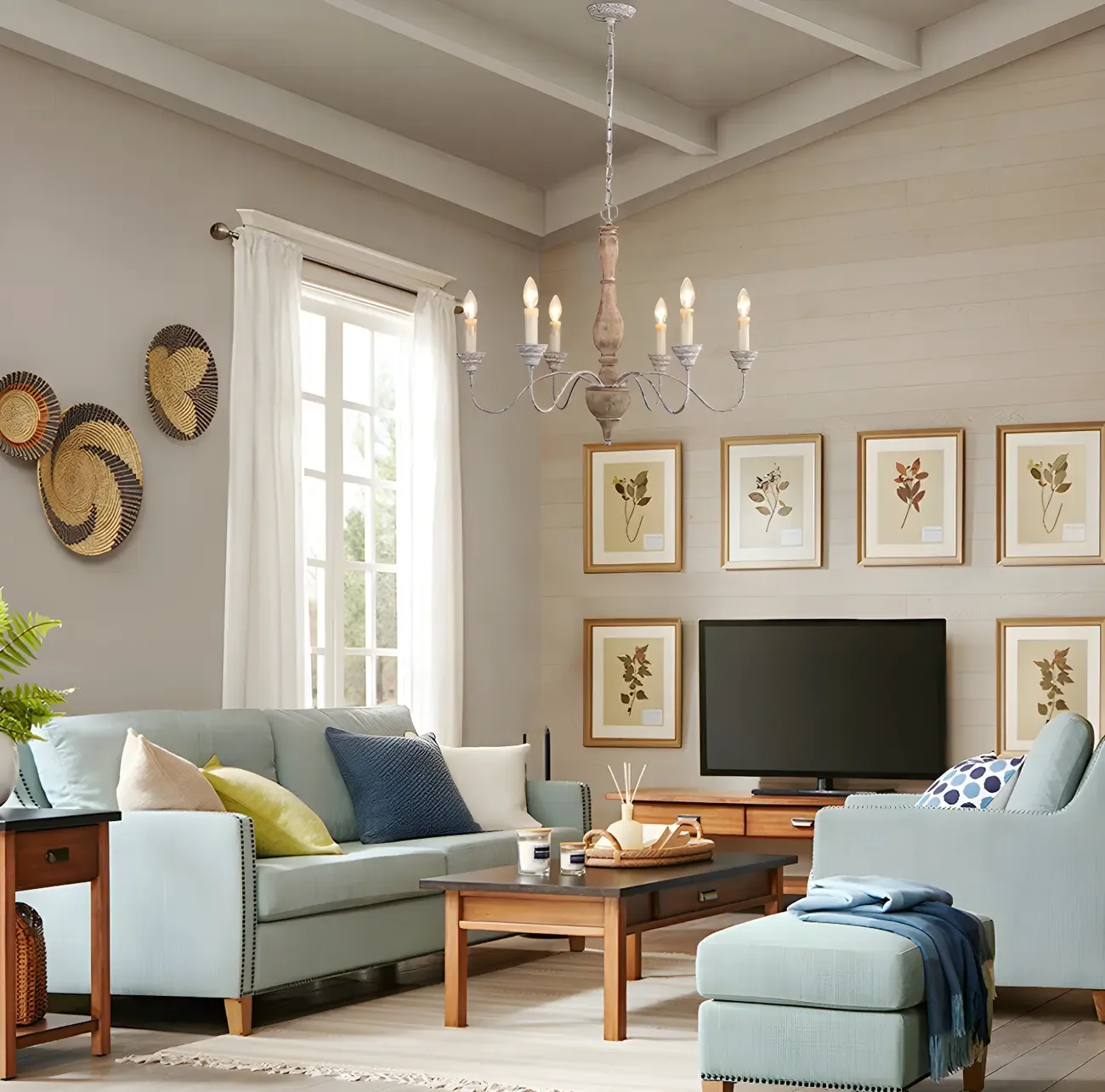 Rustic Wood Chandelier with Metal Accents for Living Room Image - 6