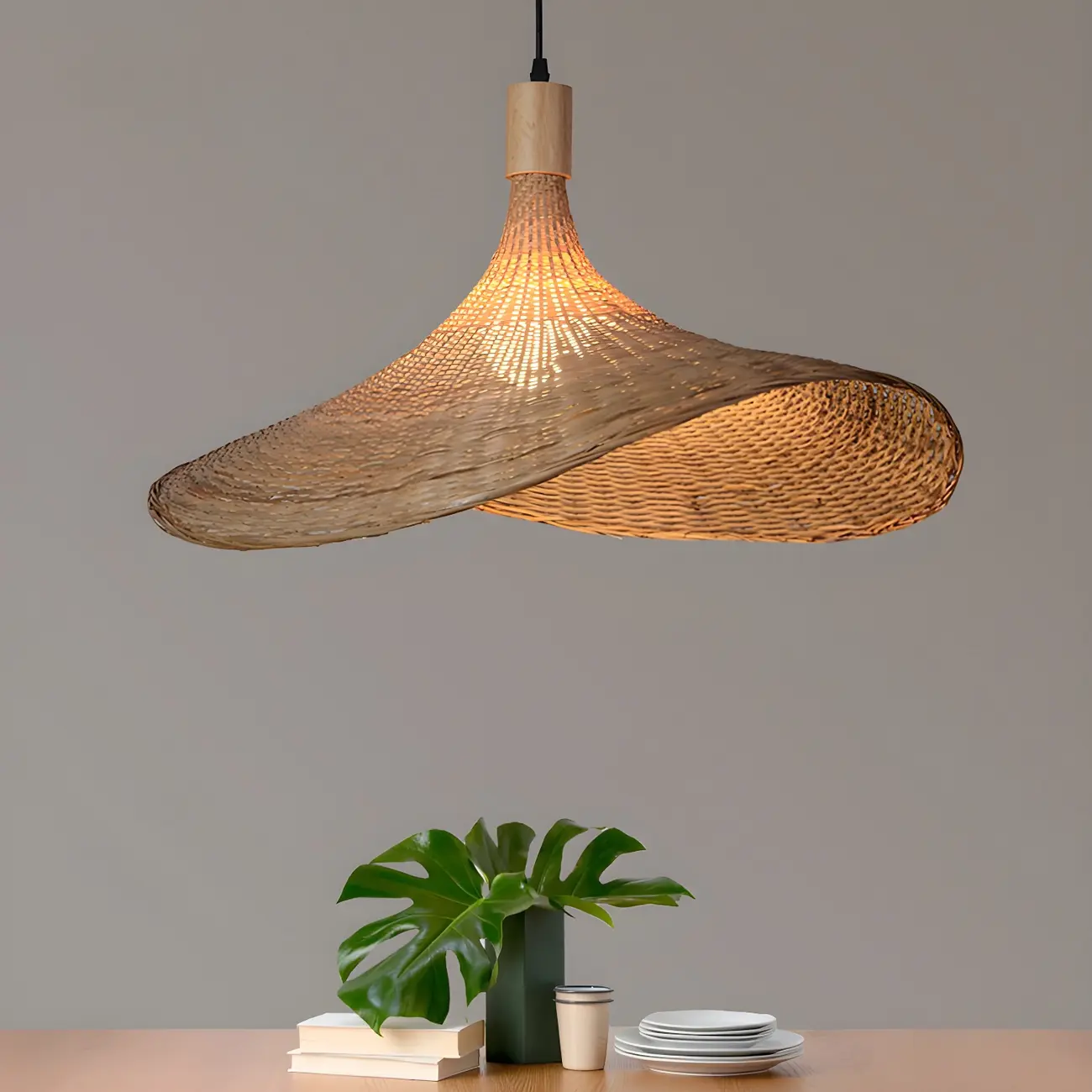Oriental Beige Hat Shape Bamboo Hanging Pendant Light Image - 1 | homeyfad