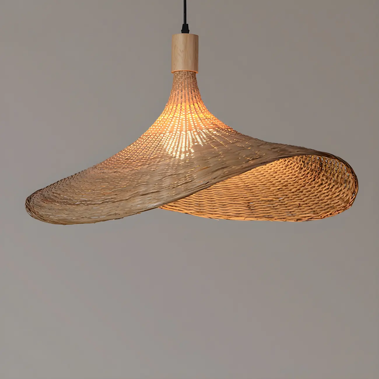 Oriental Beige Hat Shape Bamboo Hanging Pendant Light Image - 3 | homeyfad