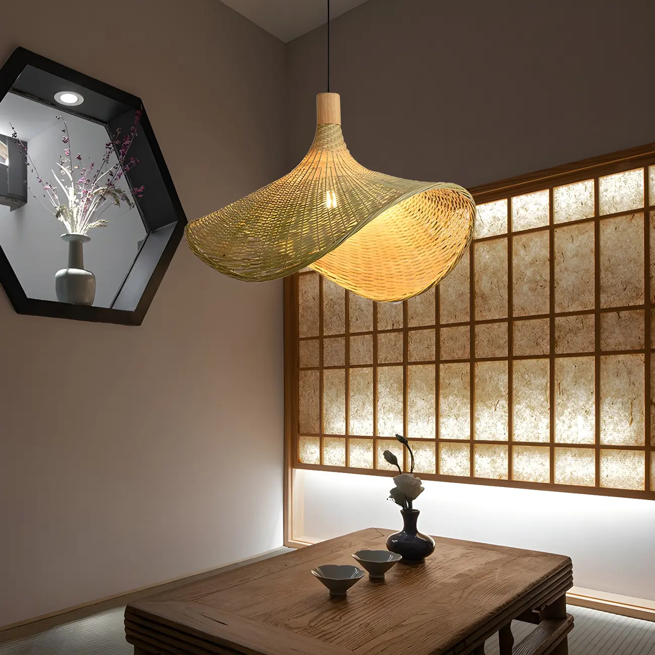 Oriental Beige Hat Shape Bamboo Hanging Pendant Light Image - 6 | homeyfad