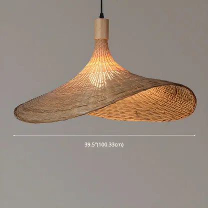 Oriental Beige Hat Shape Bamboo Hanging Pendant Light Image - 8