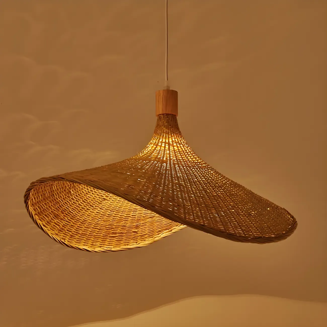 Oriental Beige Hat Shape Bamboo Hanging Pendant Light Image - 9