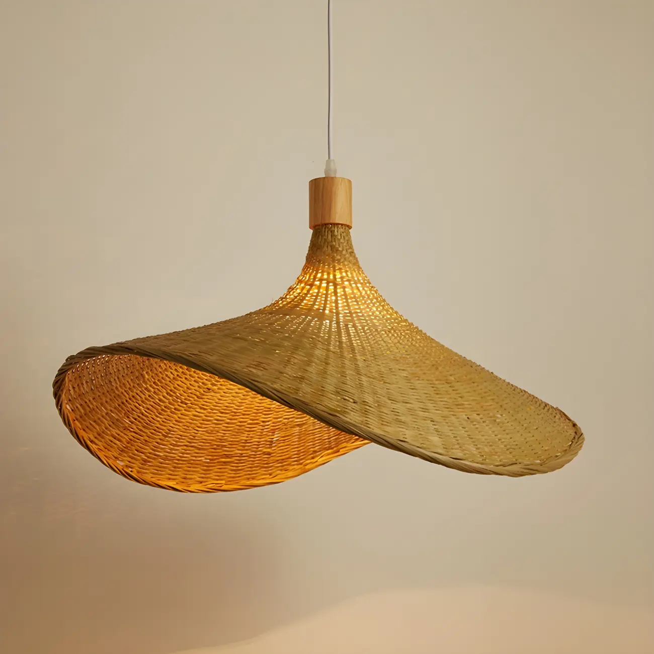 Oriental Beige Hat Shape Bamboo Hanging Pendant Light Image - 2 | homeyfad