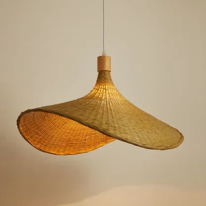 Oriental Beige Hat Shape Bamboo Hanging Pendant Light Image - 2
