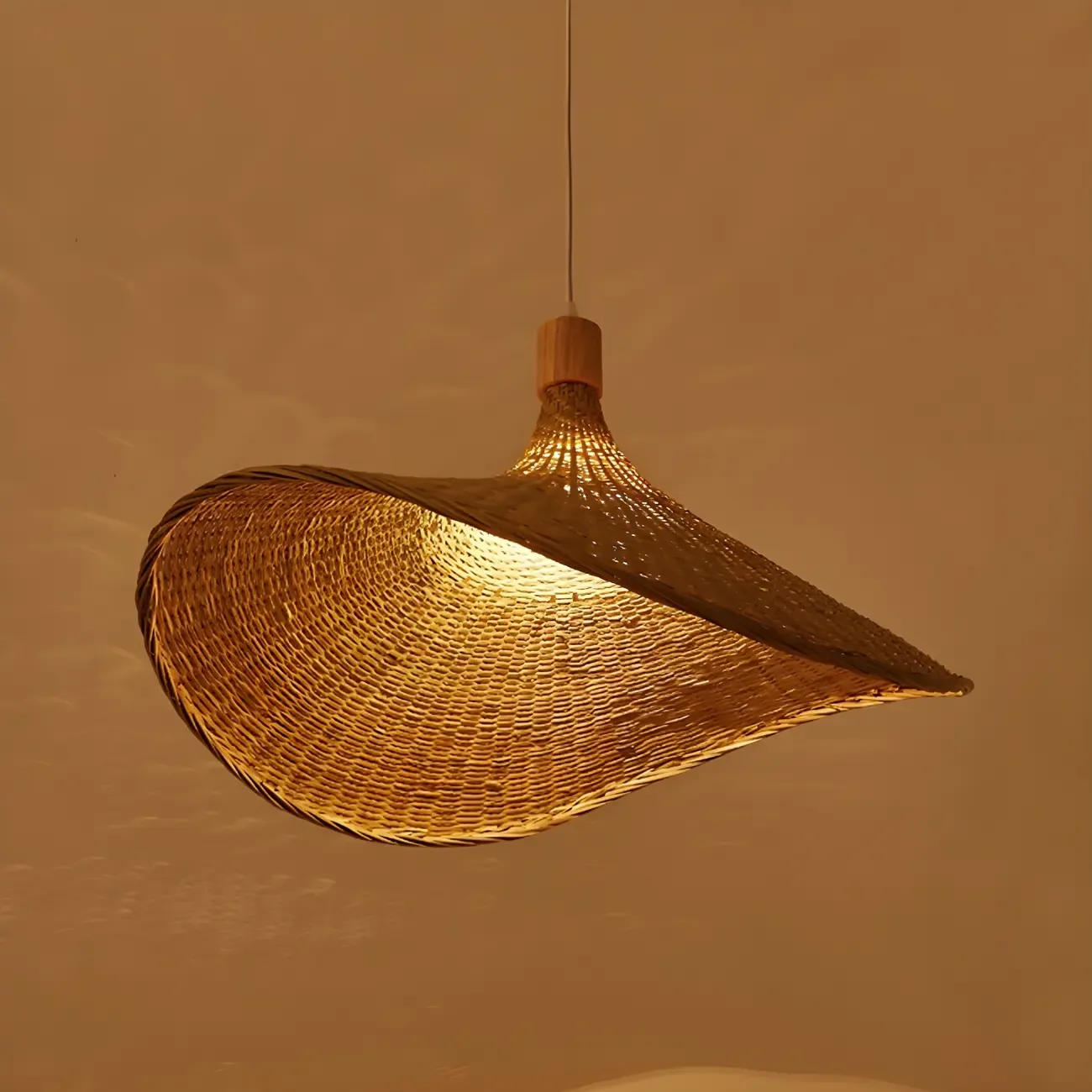 Oriental Beige Hat Shape Bamboo Hanging Pendant Light Image - 10