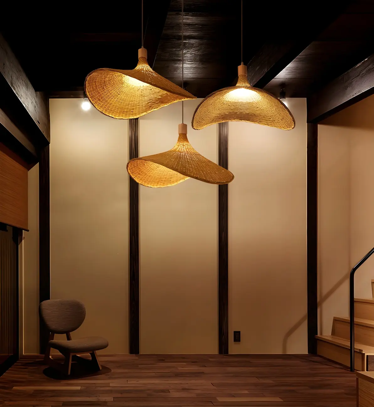 Oriental Beige Hat Shape Bamboo Hanging Pendant Light Image - 14 | homeyfad