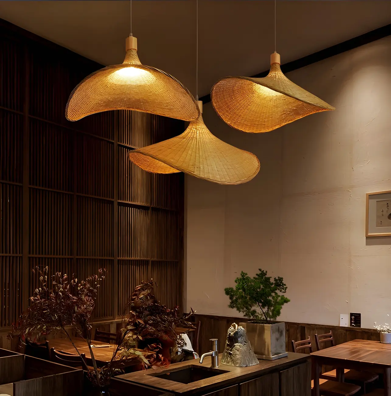 Oriental Beige Hat Shape Bamboo Hanging Pendant Light Image - 15 | homeyfad