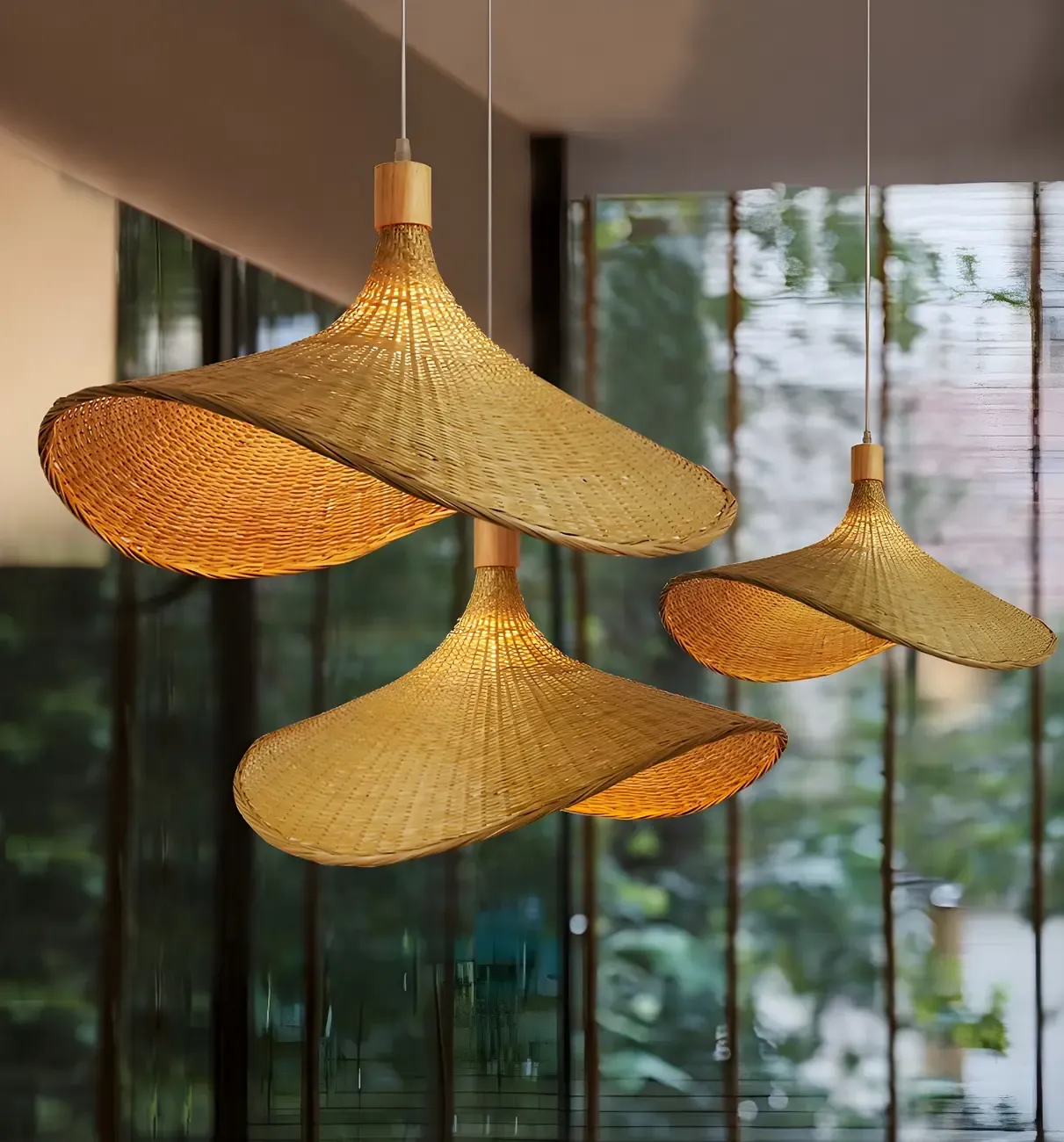 Oriental Beige Hat Shape Bamboo Hanging Pendant Light Image - 16
